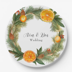 Assiettes En Carton Mariage aiguilles de pin vert tranche orange