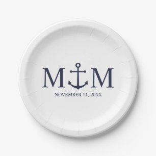 Assiettes En Carton Mariage Ancre bleu marine