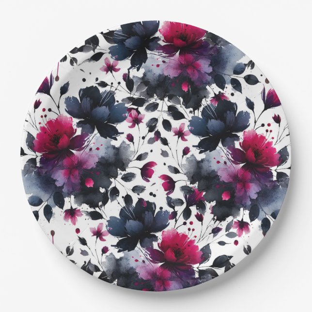Assiettes En Carton Mariage aquarelle floral encre magenta rose et ble (Devant)