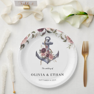 Assiettes En Carton Mariage aquarelle florale et ancre nautique