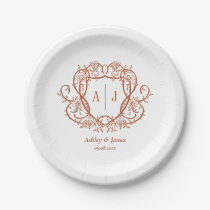 Assiettes En Carton Mariage Armoiries Monogramme en Terracotta Rose Dé