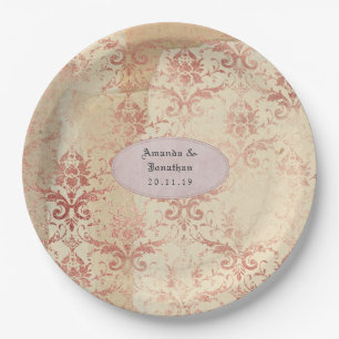Assiettes En Carton Mariage au papier damassé or rose en détresse