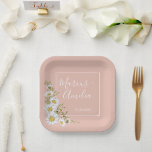Assiettes En Carton Mariage aux marguerites blanches et rose saumon mo