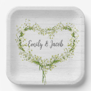 Assiettes En Carton Mariage blanc Lily Coeur sur le bois