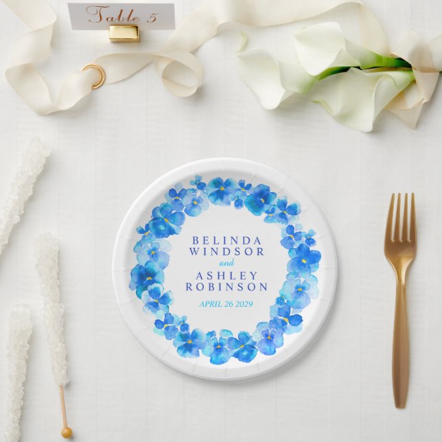 Assiettes En Carton Mariage bleu aquarelle couronne plaque papier pers (Mariage)