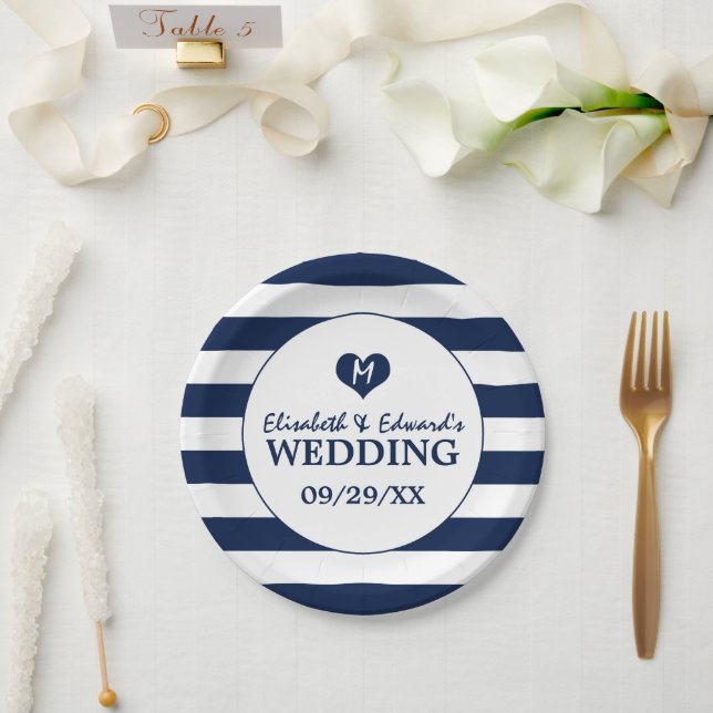 Assiettes En Carton Mariage bleu et blanc de la marine moderne chic (Mariage)