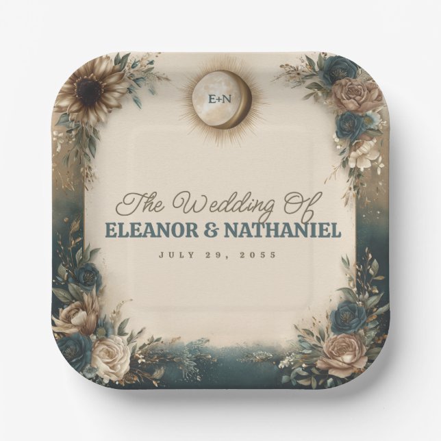 Assiettes En Carton Mariage Bohème Céleste Soleil Lune Floral Rustique (Recto)