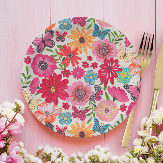 Assiettes En Carton Mariage bohème chic avec motif de fleurs sauvages 