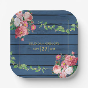 Assiettes En Carton Mariage Bois Bleu Marine Roses Roses et Or Vintage