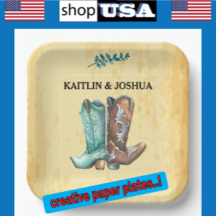 Assiettes En Carton Mariage Boots Cowboy 🤠 Monogramme Rustique Occide