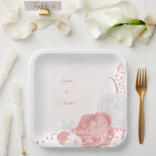 Assiettes En Carton mariage botanique de fleurs rose et blanche