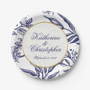 Assiettes En Carton Mariage Botanique Élégant Vintage Bleu Nuit Or