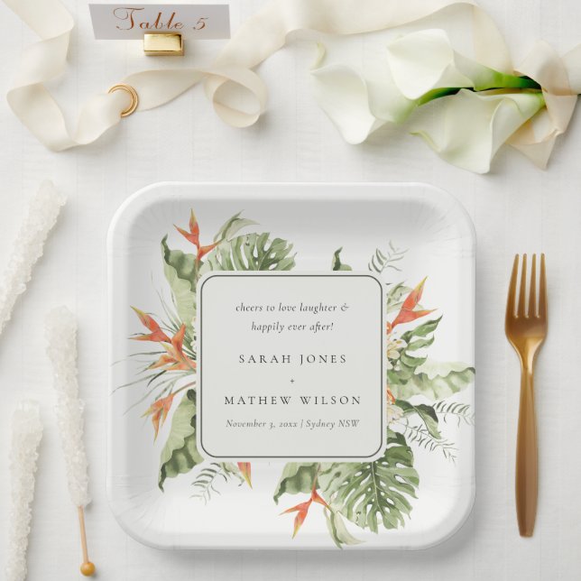 Assiettes En Carton Mariage botanique vert orange tropical (Mariage)