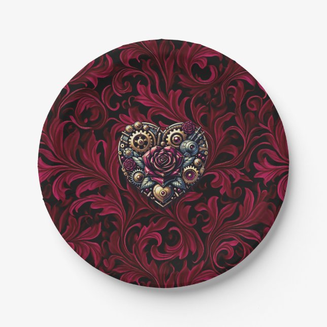 Assiettes En Carton Mariage Burgundy Paisley Steampunk Cœur (Devant)