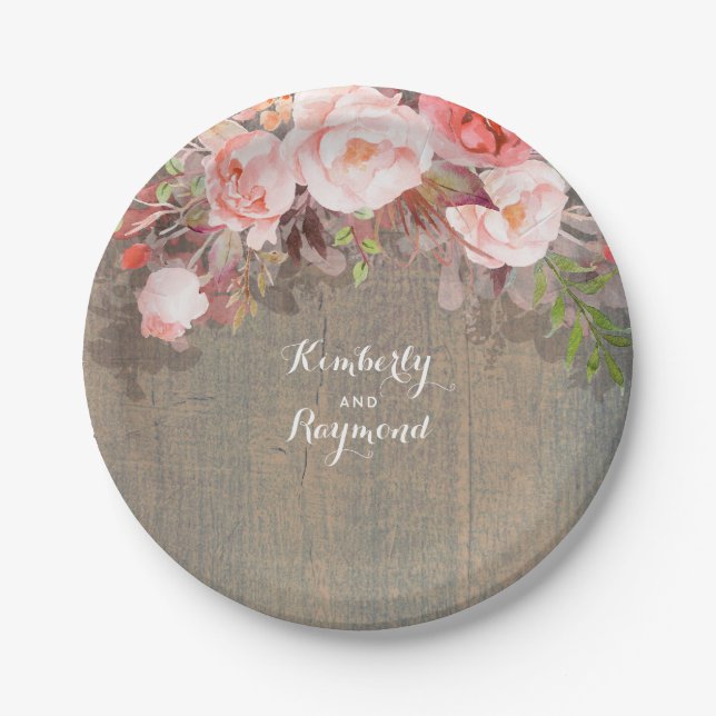 Assiettes En Carton Mariage campagnard rose Floral Rustique Bois (Devant)