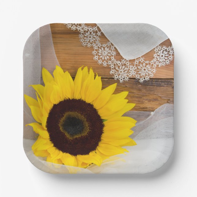 Assiettes En Carton Mariage campagnard rustique de tournesol et dentel (Recto)