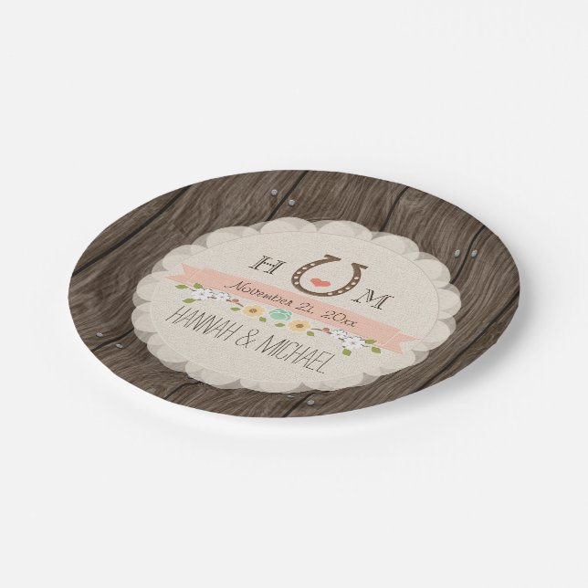 Assiettes En Carton Mariage cardiaque monogramme rose pâle (Angle)