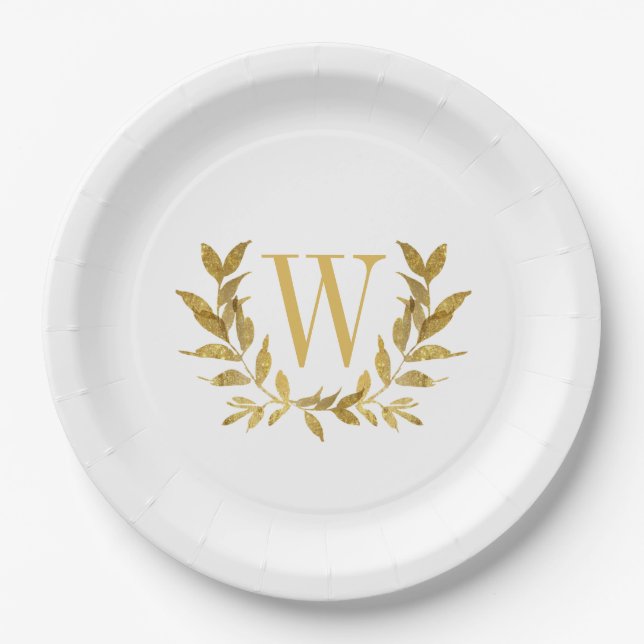 Assiettes En Carton Mariage chic élégant à feuille d'or blanc (Devant)