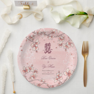Assiettes En Carton Mariage chinois à deux fleurs de pêche