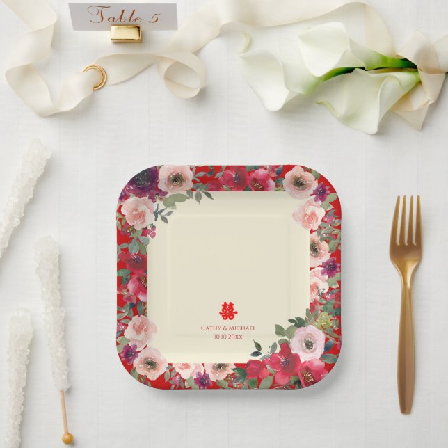 Assiettes En Carton Mariage chinois rouge jardin fleuri double bonheur (Mariage)