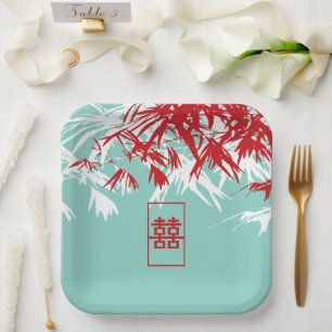 Assiettes En Carton Mariage chinois Turquoise Bambou Feuille Double Xi