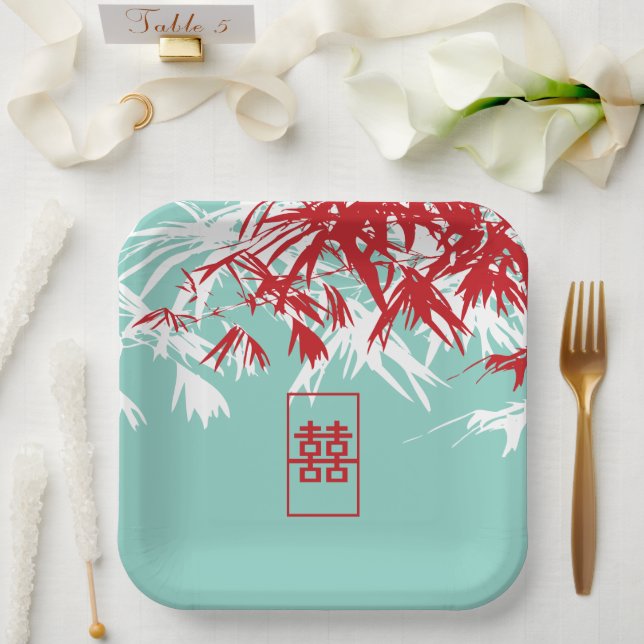 Assiettes En Carton Mariage chinois Turquoise Bambou Feuille Double Xi (Mariage)