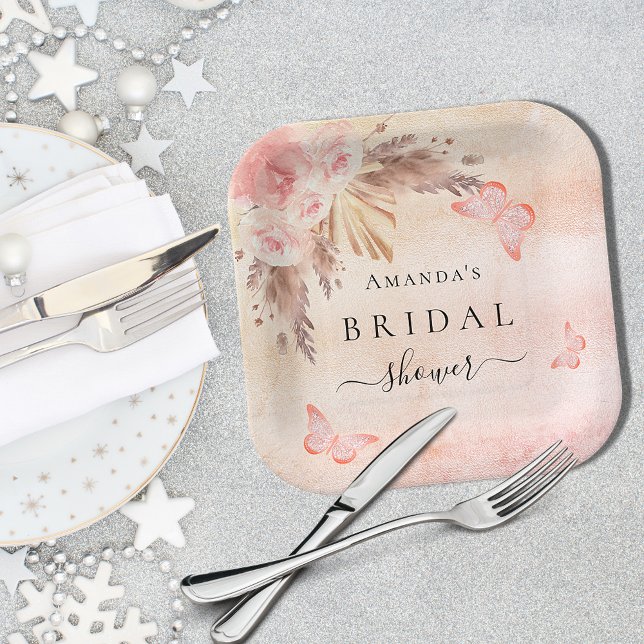 Assiettes En Carton Mariage civil pampas herbe rose florale papillons (Créateur téléchargé)