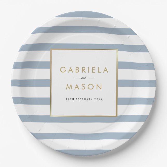 Assiettes En Carton Mariage classique Dusty Blue Stripe Faux Gold Foil (Devant)
