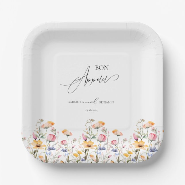 Assiettes En Carton Mariage classique Fleur sauvage de prairie aquarel (Recto)