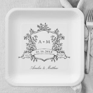 Assiettes En Carton Mariage Classique Noir et Blanc à Blason Floral
