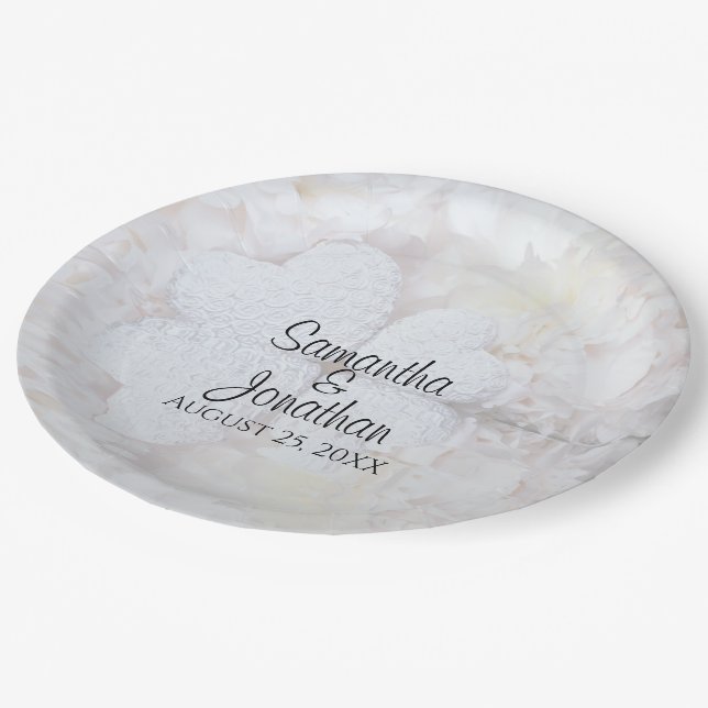 Assiettes En Carton Mariage coeurs et pivoines réfléchissants blancs (Angle)