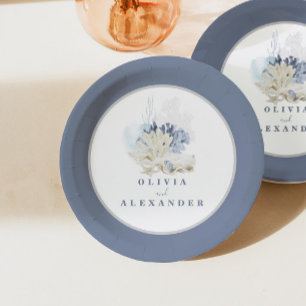Assiettes En Carton Mariage coquillage bleu de plage côtière