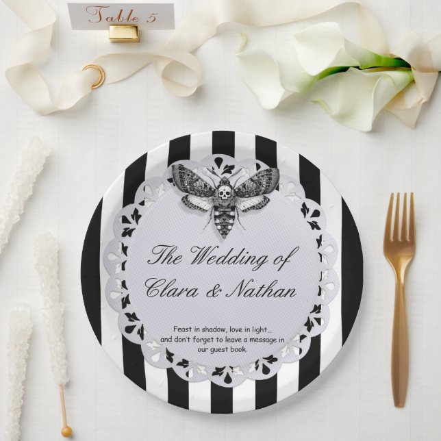 Assiettes En Carton Mariage Crâne de Moth Gothique – Élégance Sombre  (Mariage)