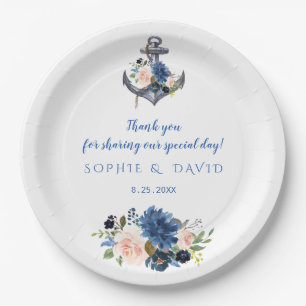 Assiettes En Carton Mariage d'Ancre floral bleu rose marine