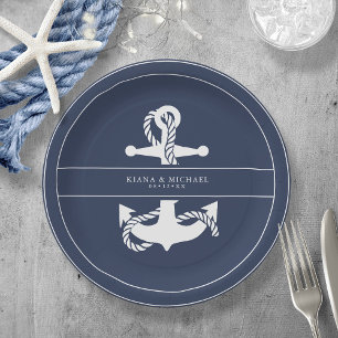 Assiettes En Carton Mariage d'Ancre Vague bleue V2 Wht/Navy ID836