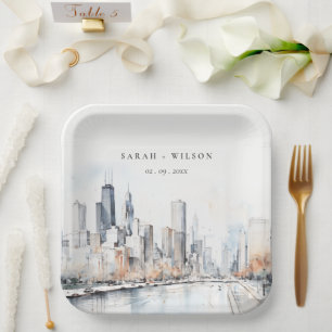 Assiettes En Carton Mariage d'aquarelle de Chicago, Illinois City Scap