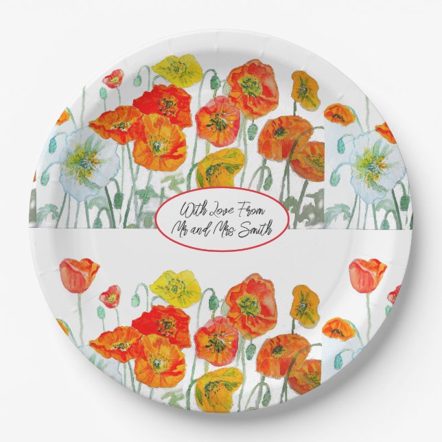 Assiettes En Carton Mariage d'aquarelle de Motif de fleurs rouge orang (Devant)