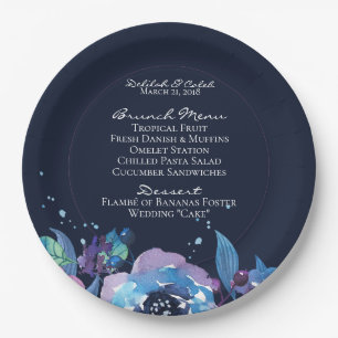 Assiettes En Carton Mariage d'aquarelle florale bleu foncé