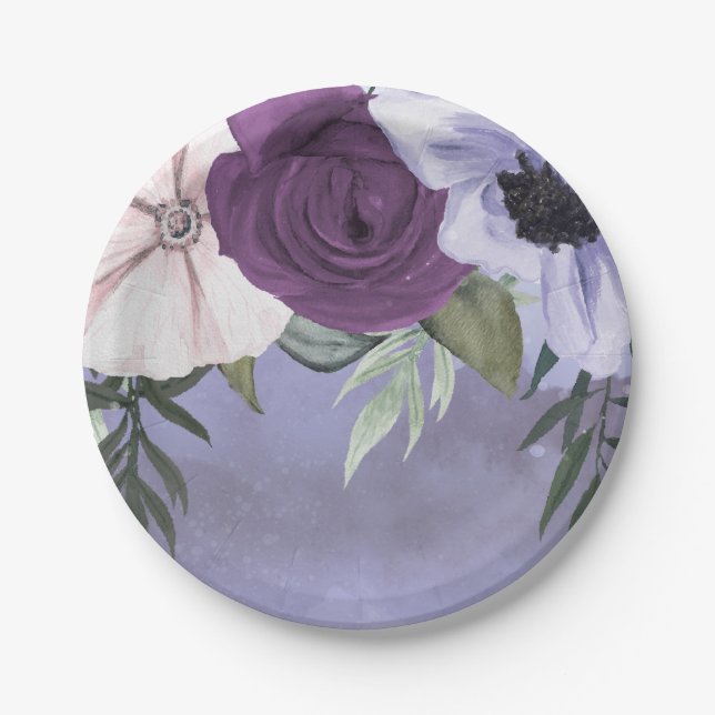 Assiettes En Carton Mariage d'aquarelle florale de lavande violette mo (Devant)