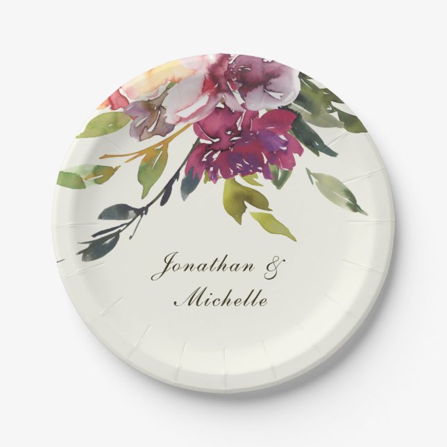 Assiettes En Carton Mariage d'aquarelle rose foncé violet (Devant)