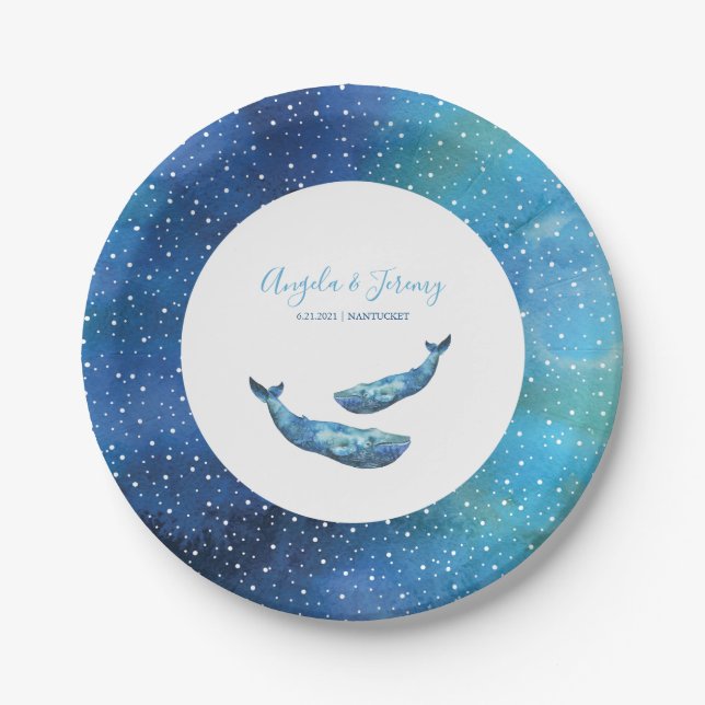 Assiettes En Carton Mariage de baleine bleu aquarelle (Devant)