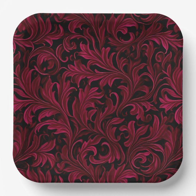 Assiettes En Carton Mariage de Burgundy Paisley (Recto)