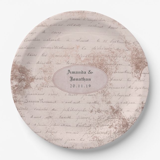 Assiettes En Carton Mariage de calligraphie vintage shabby-chic or ros (Devant)