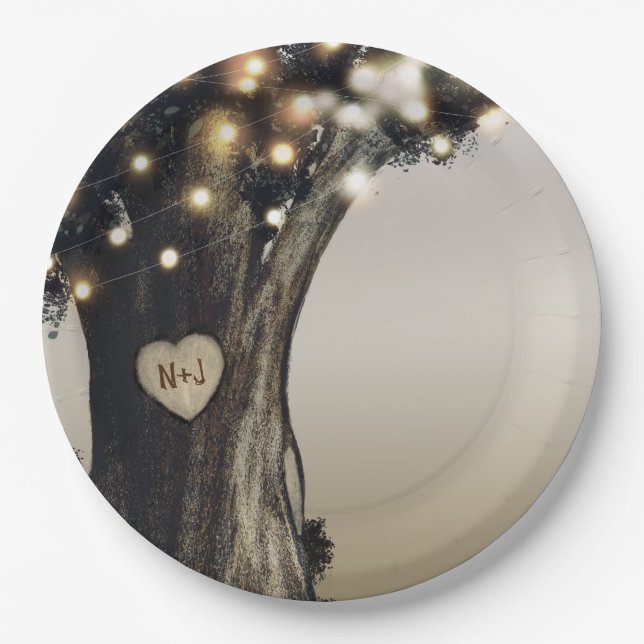 Assiettes En Carton Mariage de campagne rustique avec arbre et lumière (Devant)