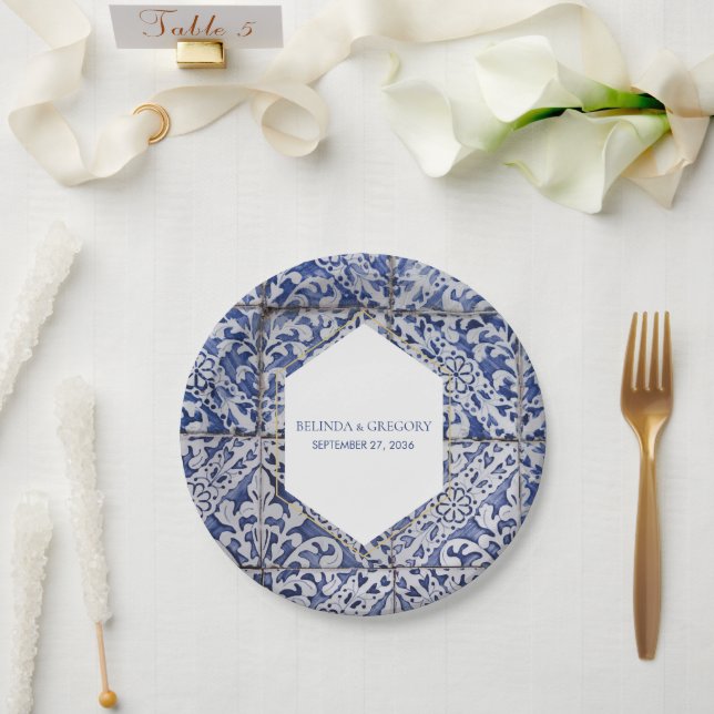 Assiettes En Carton Mariage de carreaux portugais rustiques (Mariage)