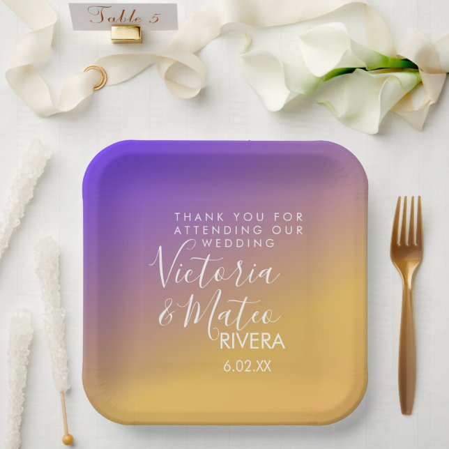 Assiettes En Carton Mariage de coucher de soleil jaune violet Ombre (Mariage)