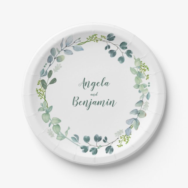 Assiettes En Carton Mariage de couronnes Feuilles vert aquarelle (Devant)