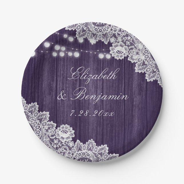 Assiettes En Carton Mariage de dentelle violet rustique (Devant)