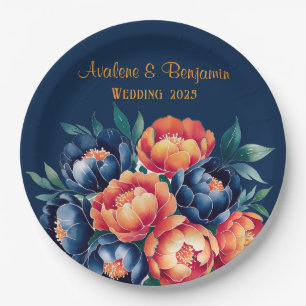 Assiettes En Carton Mariage de fleurs bleu marine et orange de pivoine