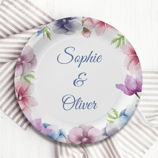 Assiettes En Carton Mariage de fleurs d'anémone aquarelle (Créateur téléchargé)